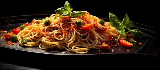 A copy space image of well seasoned spaghetti pasta topped with vegetables presented on a sleek black platter awaits to be enjoyed