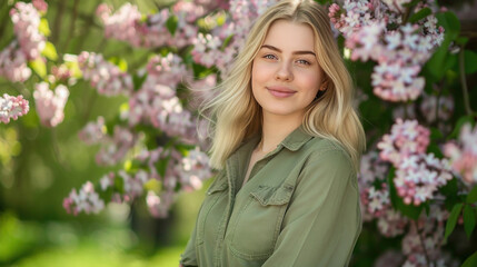 Fototapeta premium Elegant blonde woman in a green shirt standing beside a blossoming lilac tree, smiling softly amidst the fragrant flowers, showcasing a perfect blend of style and nature.