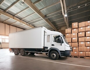 White truck in the warehouse with boxes.