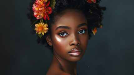 Naklejka premium Elegant portrait of a young black woman with a short Afro, wearing vibrant flowers in her hair, and displaying stunning makeup and moist lips, set against a dark studio backdrop.