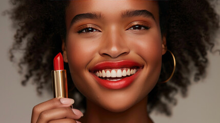 Obraz premium Elegant shot of a model wearing a stunning shade of lipstick, smiling confidently, with the lipstick tube prominently displayed in her hand, capturing sophistication.