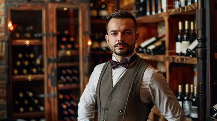 Obraz premium Elegant sommelier wearing a traditional attire, including a vest and bow tie, standing in front of an ornate wine rack, exuding expertise and sophistication.