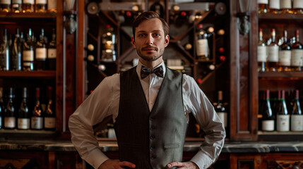 Fototapeta premium Elegant sommelier wearing a traditional attire, including a vest and bow tie, standing in front of an ornate wine rack, exuding expertise and sophistication.