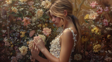 Naklejka premium Embracing nature's splendor, a young lady stands gracefully before a floral tapestry, her hands adorned with a bouquet of blooming flowers, the image capturing a sense of peaceful harmony and grace.