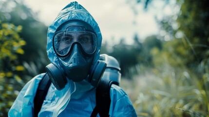 A person wearing a biological protection suit against a biological threat.