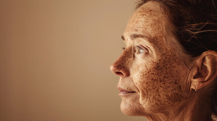 Advertising commercial banner, profile portrait of senior woman with mature skin pigmentation, beige isolated background with copy space. Concepts of skin aging, age changes, cosmetology, dermatology