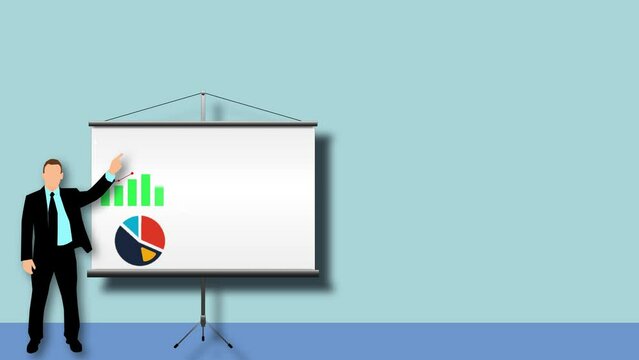 Animation of businessman making a presentation about project plans and company finances