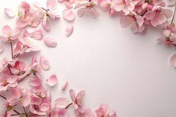 Closeup of pink cherry blossoms blooming on a branch in spring