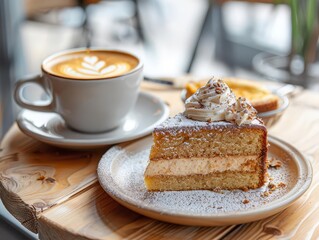 A cozy cafe scene with a latte and a slice of cake on a table, ample copy space on the right side