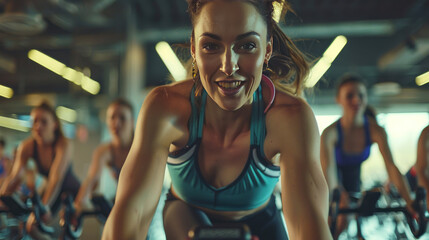 Fit woman participating in a high-energy spinning class, cycling with determination, as an instructor motivates the class from the front of the room.