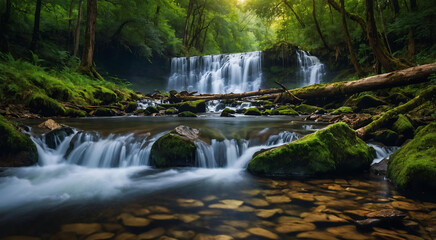 Majestic Forest Waterfall Background Nature Green