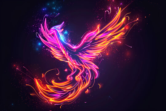 neon burning phoenix illustration, black background 3d rendering AI generative