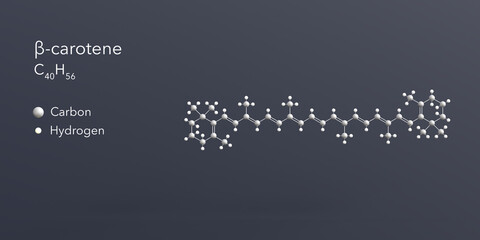 beta-carotene molecule 3d rendering, flat molecular structure with chemical formula and atoms color coding