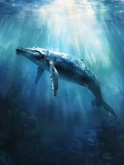 Obraz premium Majestic Whale Gliding in Sunlit Underwater Seascape