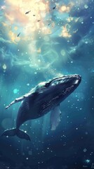 Fototapeta premium Majestic Whale Gliding Through Shimmering Blue Depths