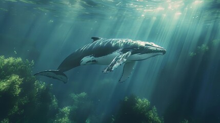Fototapeta premium Serene Whale Gliding Through Tranquil Underwater Realm with Natural Light Filtering Down