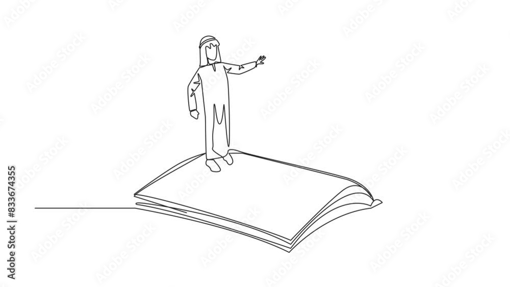 Poster self drawing animation of continuous line drawing arab man standing over open ledger turning the pag