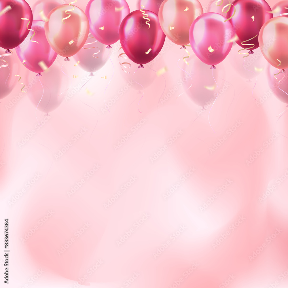 Wall mural template of background with 3d colorful pink realistic balloons with confetti ribbons frame and empt