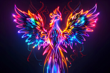 neon burning phoenix illustration, black background 3d rendering AI generative