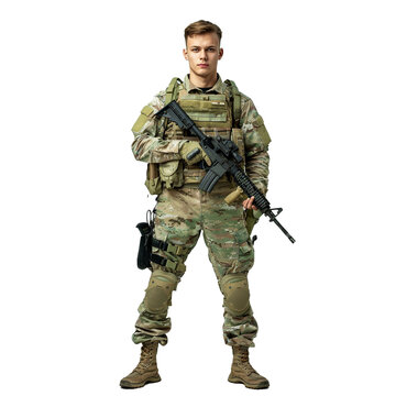 marine infantry, commando soldier in full protective ammunition, standing with service rifle equipped grenade launcher. isolated on white background. AI Generative