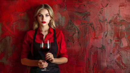 Woman sommelier holding a wine glass, with free space , copy space.