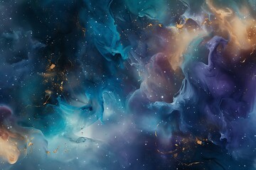 Swirling nebula of blues and purples with golden accents