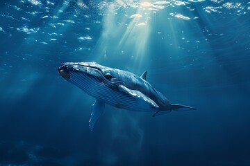 Tranquil Encounter: Majestic Whale Gliding in Clear Blue Sea with Soft Natural Light