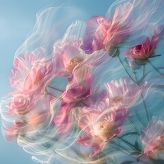 Obraz premium Soft-focus Peony flowers sway in the wind against a blue sky with a motion effect.