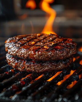 Frontal view of a juicy, perfectly charred burger patty on a grill, flames licking the edges, with a rustic wooden background, space for copy, hyper-realistic detail