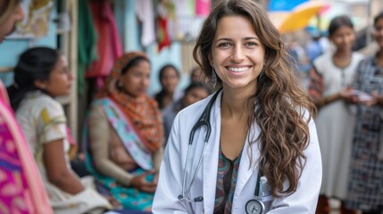 Fototapeta premium preventive healthcare outreach, at a community health fair, an indian doctor energetically offers free check-ups to underprivileged women, championing preventive care and wellness in an outdoor