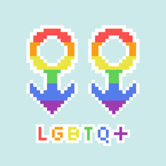 LGBT Pride Month. Gender sign. Rainbow colors. LGBTQ+ flag. Pixel art. Vector illustration