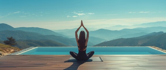 A woman doing yoga on the edge of an open wooden platform overlooking mountains and blue sky