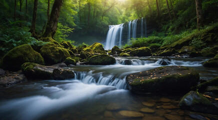 Obraz premium Majestic Forest Waterfall Background Nature Green