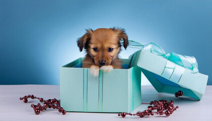 Cute baby puppy in a festive gift box. 