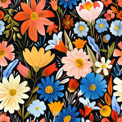 Modern abstract floral pattern with bright, colorful flowers. Seamless background design perfect for printable wrapping paper, textiles, and decoration. Flat vector illustration