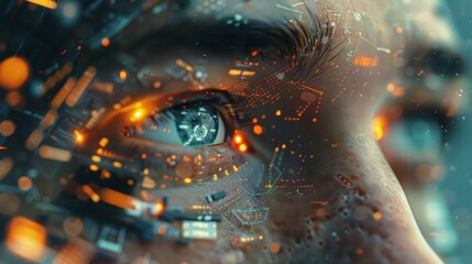 Cybernetic Human Enhancements: Depict a close-up of a human with visible cybernetic enhancements, blending organic and technological elements.