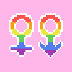 LGBT Pride Month. Gender sign. Rainbow colors. LGBTQ+ flag. Pixel art. Vector illustration