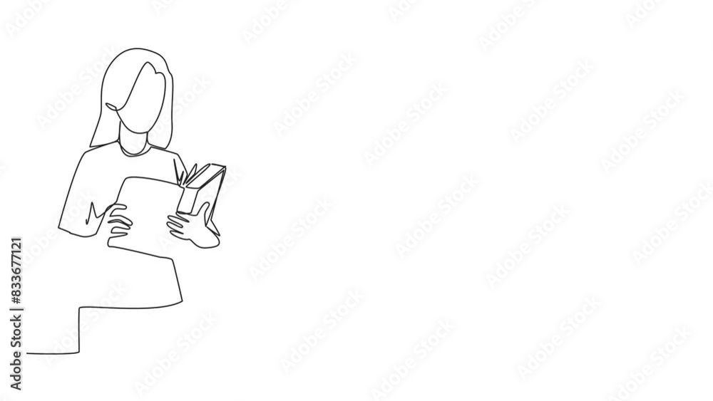 Poster animated self drawing of one line drawing woman focused on reading. try to find answers to the tasks