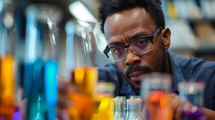 lab experiment with chemist, an african american chemist meticulously measuring ingredients for a food experiment in a stainless steel lab with colorful liquids in beakers