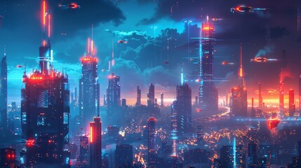 Futuristic Cityscape at Night: Illustrate a high-tech cityscape at night, with glowing skyscrapers and flying vehicles.