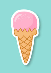 Pink ice cream ball in a waffle cone on a blue background. Trendy pop art design of the 80s. Vector EPS 10.