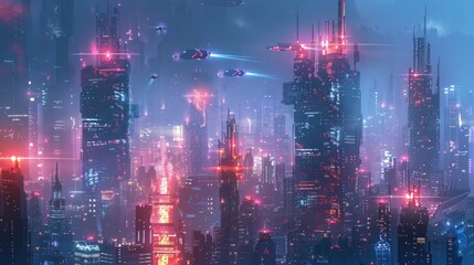 Futuristic Cityscape at Night: Illustrate a high-tech cityscape at night, with glowing skyscrapers and flying vehicles.