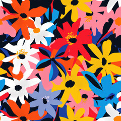 Seamless pattern of abstract flowers in bold colors, creating a modern floral background. Perfect for wrapping and textile print design, with an infinite repeating texture in a flat vector format.