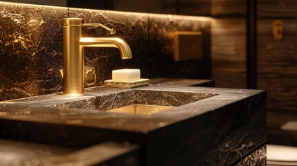 An elegant bathroom featuring a brushed gold faucet and sink set atop a vanity made of black granite, with soft, ambient lighting to highlight the richness of the materials.