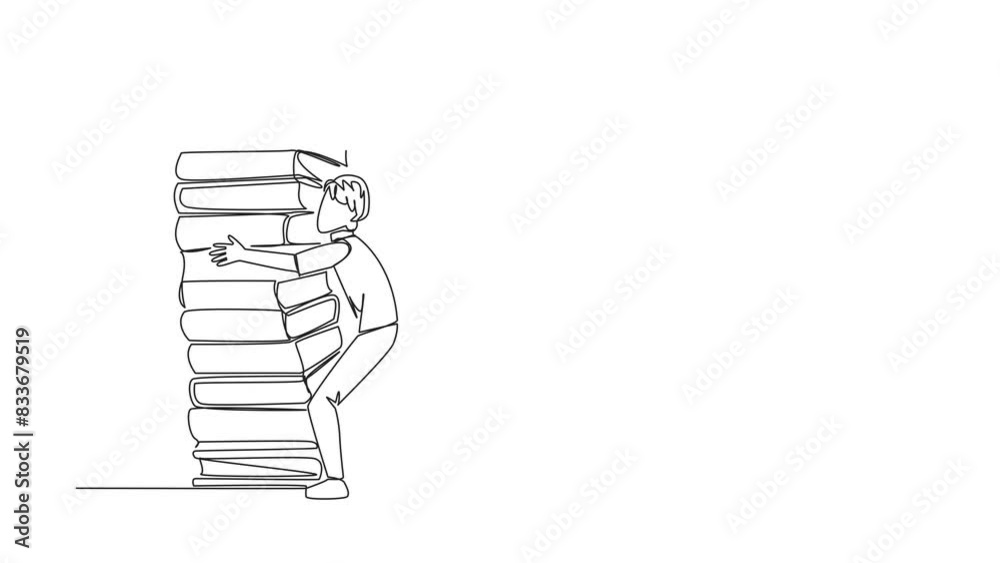 Poster animation of continuous line drawing man hugging a very high pile of books. hobby to collecting and 