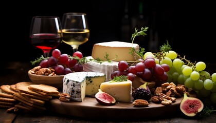 Gourmet cheese platter with assorted cheeses, grapes, figs, nuts, and two glasses of red and white wine, perfect for a luxurious dining experience.