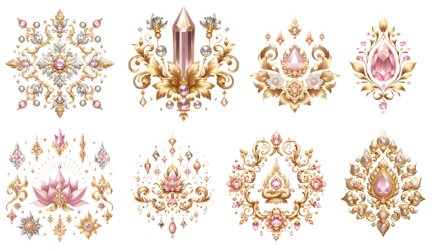 Golden gem Thai art, gold line Thai diamond pink crystal