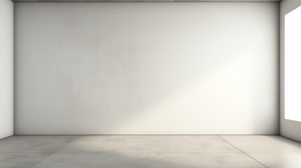 Minimalist empty room with smooth concrete floor and white walls, illuminated by natural light from large window. Ideal for backgrounds and mockups.