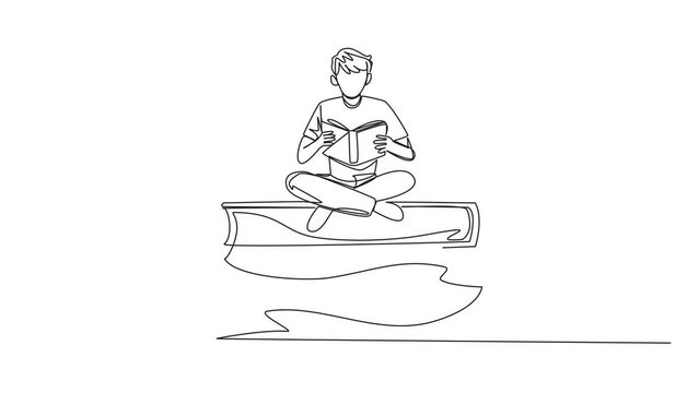 Animated self drawing of one line drawing man sitting cross-legged on pile of large books. Reading comic. Reading textbook. Read scientific. Reading increase insight. Full length single line animation
