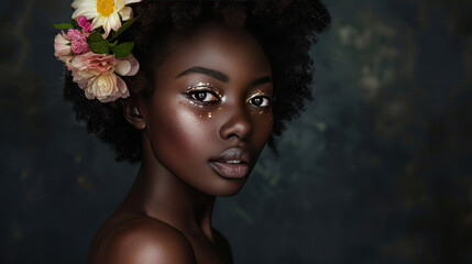 Naklejka premium Striking portrait of a serene black woman with a short Afro, beautiful makeup, and moist lips, adorned with flowers in her hair, standing out against a dark studio background.